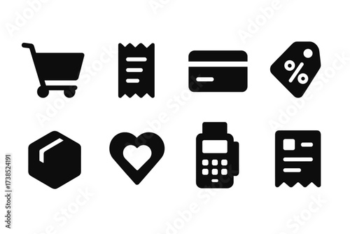 Customer Journey Icons. Solid, filled icon set of customer purchase journey: shopping cart, receipt, credit card, discount tag, delivery box, wishlist, payment