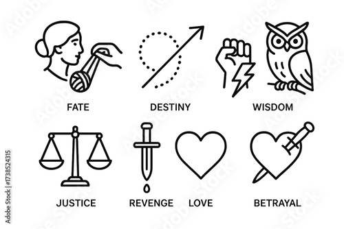 Mythological Icon Set. Outline icon set of mythological themes: fate, destiny, power, wisdom, justice, revenge, love, betrayal. Line icons in only black color,