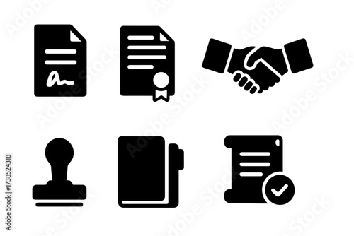 Loan Agreement Icons. Solid, filled icon set of loan agreements: signed paper, legal document, fine print, contract handshake, binding stamp, document folder,