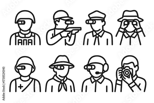 Night Vision Icon Set. Outline icon set of night vision users: soldier, hunter, security guard, wildlife observer, search team, scout, pilot, photographer.