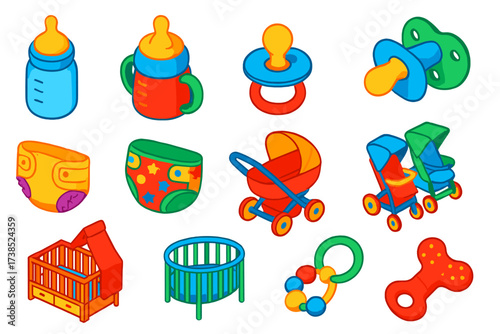 Colorful Baby Essentials. Isometric vector illustration set baby icons: bottle with silicone nipple, bottle with double handles,