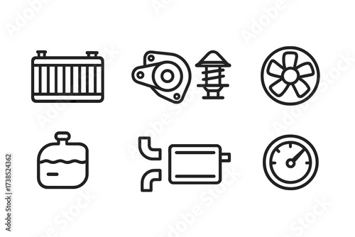 Engine Cooling Icons. Outline icon set of engine cooling system: radiator, water pump, thermostat, cooling fan, coolant reservoir, hose, heat exchanger,