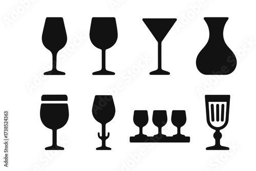 Wine Glass Icons. Solid, filled icon set of wine glass uses: tasting glass, serving glass, cocktail glass, decanter glass, portable glass, picnic glass, wine