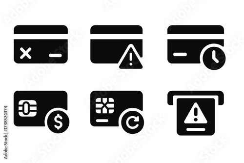 Debit Card Error Icons. Solid, filled icon set of debit card issues: declined card, card error, expired card, blocked card alert, no funds icon, chip