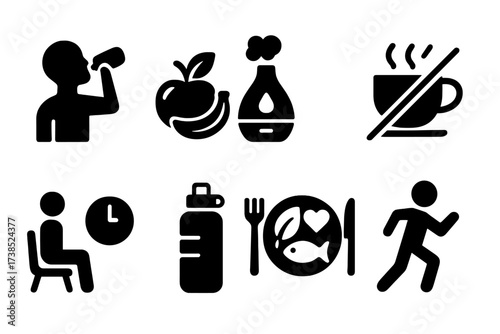 Hydration Habit Icons. Solid, filled icon set of hydration habits: drinking water, eating fruits, using humidifier, avoiding caffeine, regular breaks, carrying