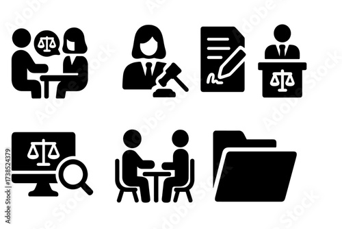 Legal Support Icons. Solid, filled icon set of legal support: lawyer consultation, legal advice, document review, contract drafting, courtroom representation,