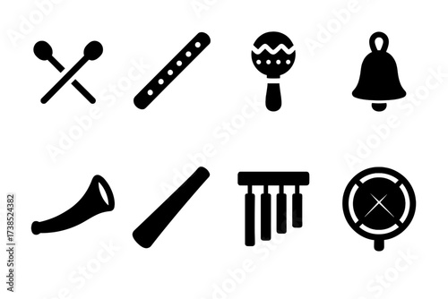 Shamanic Instrument Icons. Solid, filled icon set of shamanic instruments: drumsticks, flute, rattle, bell, horn, didgeridoo, chimes, hand drum. Solid, filled