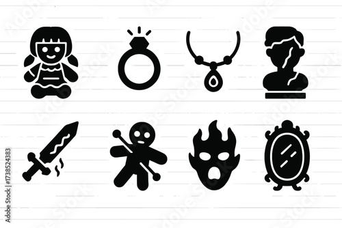 Cursed Objects Icons. Solid, filled icon set of cursed objects: haunted doll, cursed ring, ancient necklace, cracked statue, cursed sword, voodoo doll, cursed