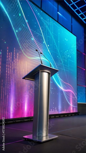 Modern podium on stage with large screen for presentation at conference