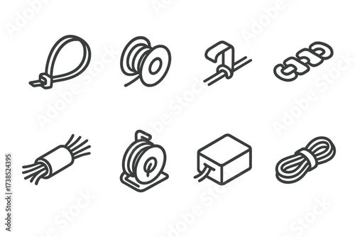 Cable Management Icons. Outline icon set of cable management: cable tie, cable spool, cable clip, cable organizer, cable sleeve, cable reel, cable box, cable