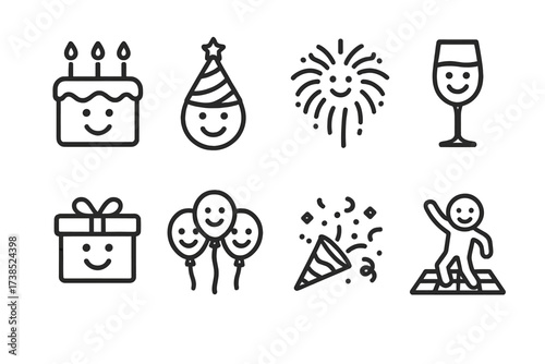 Celebration and Breeze Icons. Outline icon set of shared smile celebrations: birthday cake, party hat, fireworks, champagne glass, gift wrapping, balloons,