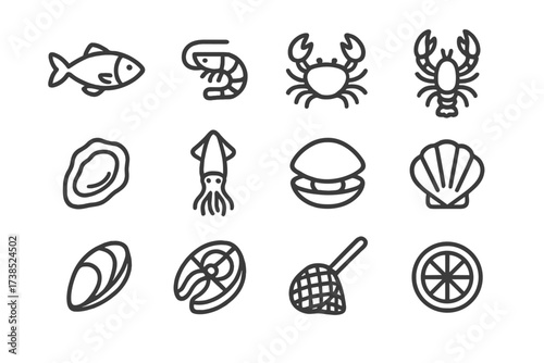 Seafood Line Icons. Seafood. Line icon set of Seafood: fish, shrimp, crab, lobster, oyster, squid, clam, scallop, mussel, tuna steak, fishing net, lemon slice.