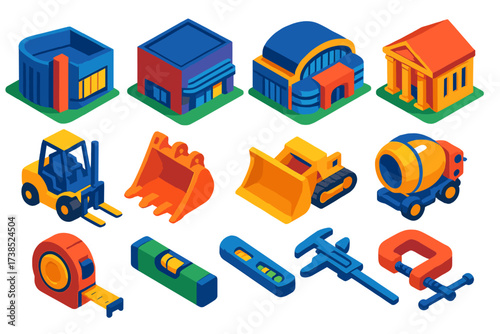 Modern Urban Icons. Isometric vector illustration set modern urban and construction designs: modern art museum, cinema complex,