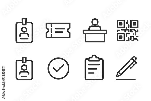 Conference Badge Icons. Outline icon set of conference badges and registration: badge, ticket, registration desk, QR code, name tag, checkmark, clipboard, pen.