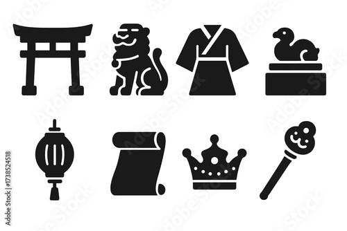 Ancient Dynasty Icons. Solid, filled icon set of ancient dynasty: temple gate, stone lion, emperor?s robe, jade seal, palace lantern, scroll, crown, royal