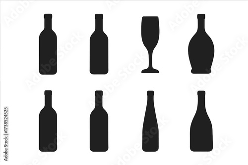 Wine Bottles Icons. Solid, filled icon set of wine types by region: Bordeaux bottle, Napa valley bottle, Champagne flute, Chianti bottle, Rioja bottle, Malbec