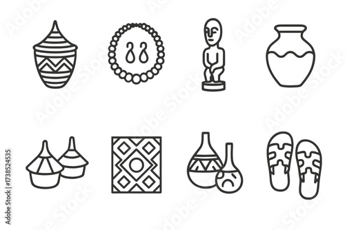 Rwandan Craft Icons. Outline icon set of Rwandan crafts: Agaseke woven basket, Beaded jewelry, Wood carving, Clay pot, Traditional hats, Fabric print, Painted