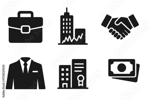 Business Icon Set. Solid, filled icon set of business magnates: briefcase, skyscraper, stock chart, handshake, business suit, office building, contract,