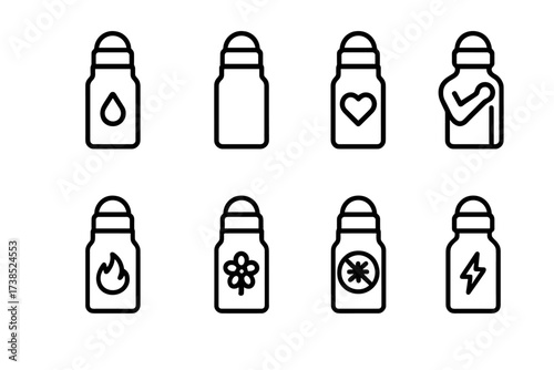Roll-On Products Icons. Solid, filled icon set of roll-on products: essential oil roll-on, deodorant roll-on, perfume roll-on, pain relief roll-on,