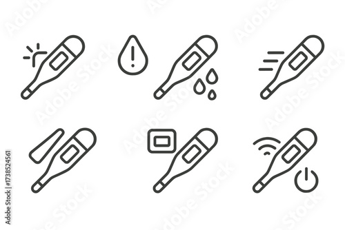 Thermometer Icon Set. Outline icon set of thermometer features: backlight, fever alert, waterproof casing, quick read, probe cover, data memory, wireless