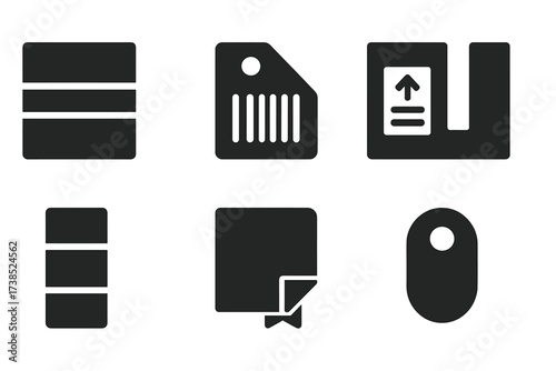 Package Icon Grid. Solid, filled icon set of package banderol: sealed banderol, barcode tag, shipping label, adhesive strip, product band, parcel sticker,