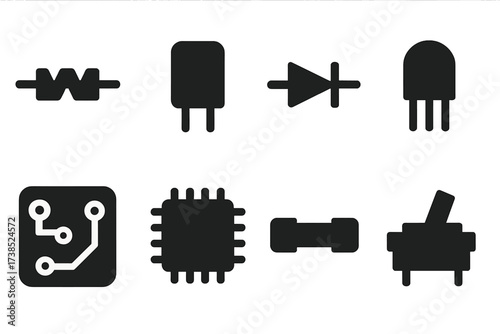 Electronic Component Icons. Solid, filled icon set of electronic components: resistor, capacitor, diode, transistor, circuit board, microchip, fuse, switch.