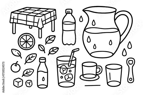 Dining Table Doodle. Hand-drawn doodle illustration dining table water carafe water carafe, glass, ice cubes, lemon slice, pitcher, water droplets, coaster,