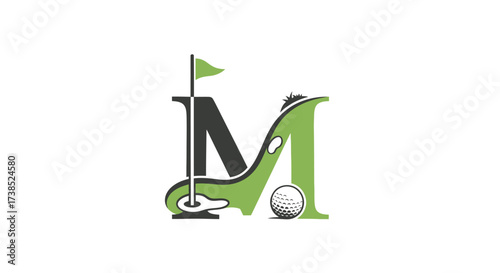 Golf Inspired Letter M Logo Design with Green Fairway and Hole Illustration Creative Design
