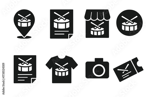 Drum Icon Set. Solid, filled icon set of drum commercial and branding: logo design, advertisement poster, music store, instrument shop, drum brand, promotional