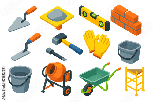 Colorful Masonry Tools Icons. Isometric vector illustration set Masonry Tools: trowel, mortar board, level, brick wall, chisel,