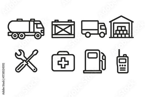 Military Logistics Icons. Outline icon set of military logistics: fuel tanker, ammunition crate, transport truck, supply depot, mechanic tools, repair kit,