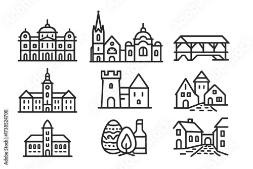 Hungarian and Romanian Icons. Outline icon set of Hungarian architecture: baroque palace, gothic church, thermal bath, wooden bridge, town hall, castle tower,