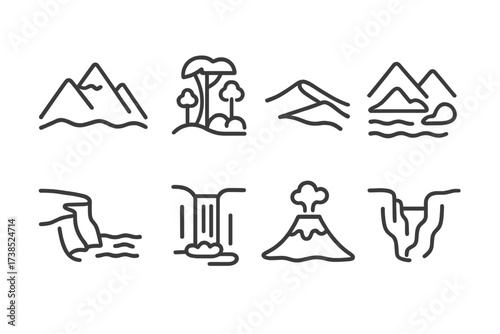Peruvian Landscapes Icons. Outline icon set of Peruvian landscapes: Andes mountains, Amazon rainforest, desert dunes, Titicaca lake, coastal cliffs,