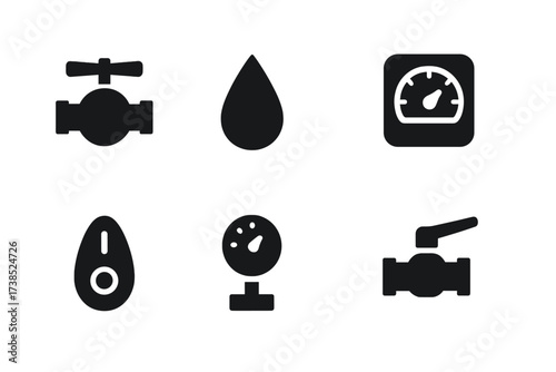 Plumbing Icons Collection. Solid, filled icon set of tap control and flow: valve handle, water droplet, flow meter, drip, on/off switch, water pressure, lever,