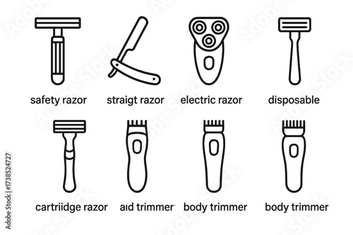 Razor Icons Collection. Outline icon set of razor types: safety razor, straight razor, electric razor, disposable razor, cartridge razor, beard trimmer, body