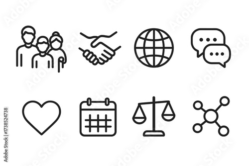 Generational Icon Set. Outline icon set of generations in society: people of different ages, handshake, globe, speech bubbles, heart, calendar, balance scale,
