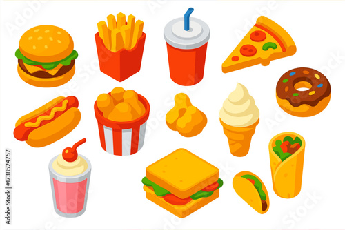 Colorful Fast Food Icons. Isometric vector illustration set Fast Food Icons: burger, fries, soda cup, pizza slice, hot dog, fried