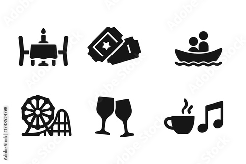 Romantic Date Icons. Solid, filled icon set of romantic dates: dinner table, movie tickets, picnic basket, boat ride, amusement park, wine glasses, coffee