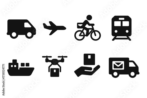 Postal Transport Icons. Solid, filled icon set of postal transport modes: delivery van, airplane, bicycle courier, mail train, cargo ship, drone,