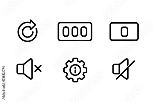 Slot Machine Icons. Outline icon set of slot machine interface: spin button, bet amount, lines selector, balance display, max bet, sound on/off, info button,