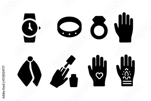 Hand Accessories Icons. Solid, filled icon set of hand accessories: wristwatch, bracelet, ring, glove, handkerchief, nail polish, tattoo, henna design. Solid,