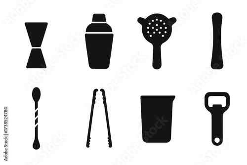 Martini Bar Tools Icons. Solid, filled icon set of martini bar tools: jigger, cocktail shaker, strainer, muddler, bar spoon, ice tongs, mixing glass, bottle