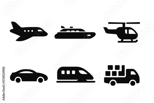 Luxury Transport Icons. Solid, filled icon set of tycoon transport and mobility: private jet, luxury yacht, limousine, helicopter, sports car, train, cargo