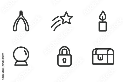Desire Symbols Icons. Outline icon set of desire symbols: wishbone, shooting star, open hand, candle flame, crystal ball, key, lock, treasure chest. Line icons