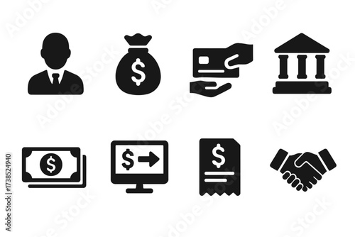 Dividend Distribution Icons. Solid, filled icon set of dividend distribution: shareholder, money bag, check handoff, bank transfer, cash stack, dividend