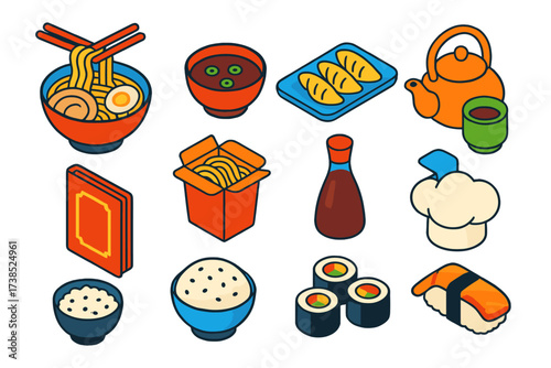 Noodle Shop Icons. Isometric vector illustration set Noodle Shop: ramen bowl, chopsticks, miso soup, gyoza plate, tea pot, tea cup