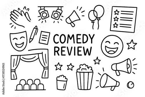 Comedy Review Icons. Comedy review. Hand-drawn doodle illustration comedy review comedy mask, laughing face, pen, notepad, clapping hands, star rating, stage