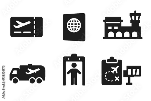 Private Jet Icons. Solid, filled icon set of private jet travel: boarding pass, passport, luggage, airport terminal, fuel truck, security check, flight plan,