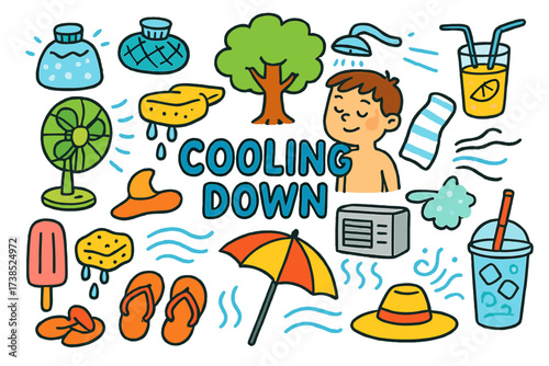 Cooling Down Essentials. Cooling Down. Colorful Hand-drawn doodle Children illustration Cooling Down fan, cold shower, ice pack, shade tree, lemonade, towel,