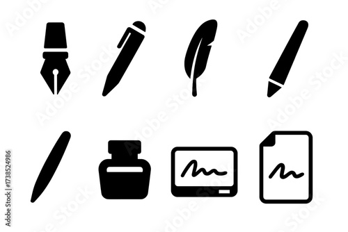 Signature Tools Icons. Solid, filled icon set of signature tools: fountain pen, ballpoint pen, quill, digital pen, stylus, ink bottle, signature pad, paper.